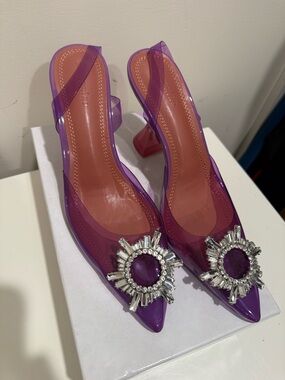 Amina Muaddi Purple Gem-Embellished Pointed Slingback Heels